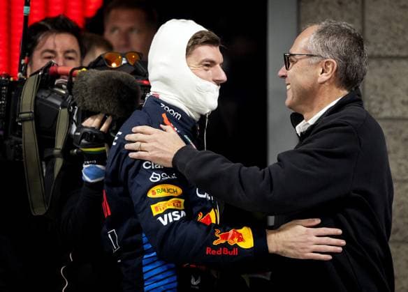 LAS VEGAS - Max Verstappen (Red Bull Racing) and Stefano Domenicali (President Formula 1) after winning his fourth world title following the Las Vegas Grand Prix. ANP SEM VAN DER WAL xVIxANPxSportx xxANPxIVx 514145645 originalFilename: 514145645.jpg