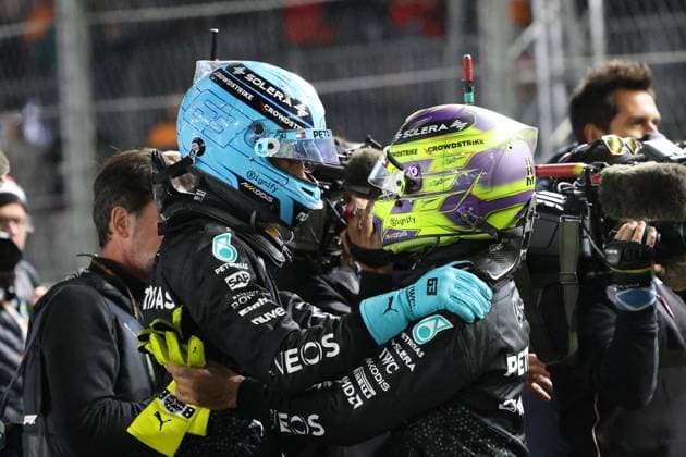 LAS VEGAS, NV - NOVEMBER 23: George Russell (63) Mercedes-AMG PETRONAS F1 Team and Lewis Hamilton (44) Mercedes-AMG PETRONAS F1 Team congratulate each other at the end of the F1 Heineken Silver Las Vegas Grand Prix on Saturday, Nov. 23, 2024, at the Las Vegas Street Circuit in Las Vegas, Nevada. (Photo by Marc Sanchez Icon Sportswire) AUTO: NOV 23 F1 Heineken Silver Las Vegas Grand Prix EDITORIAL USE ONLY Icon1442411238371