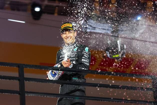 Champagne shower, Winner, Winner, George Russell Mercedes AMG , Las Vegas Grand Prix, Motorsport, Men, Formula 1, Race, 23 11 2024 Las Vegas Nevada USA Copyright: xkolbert-press ChristianxKolbertx