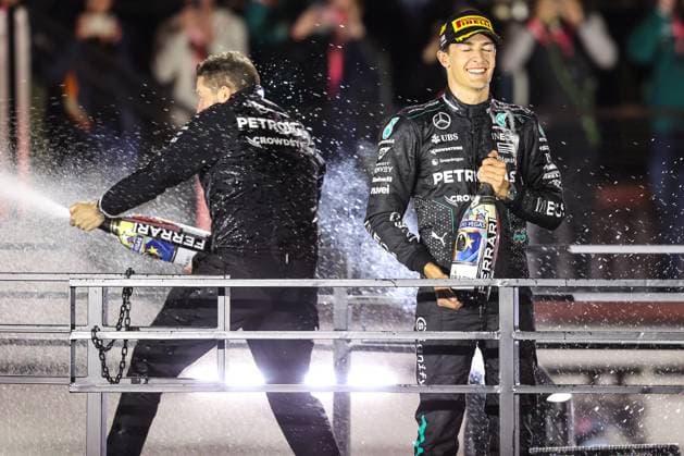 November 23, 2024: Mercedes-AMG Petronas F1 Team driver George Russell (63) embraces the moment after finishing in first place during the Formula One Heineken Silver Las Vegas Grand Prix 2024 on the Las Vegas Street Circuit in Las Vegas, NV. CSM. Las Vegas United States of America - ZUMAc04_ 20241123_zma_c04_894 Copyright: xChristopherxTrimx