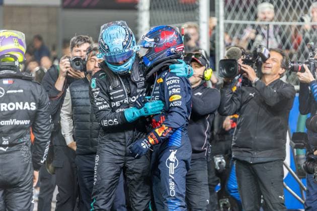 23rd November 2024; Las Vegas, Nevada, USA. F1 Las Vegas Grand Prix; Race Day; George Russell (63) of United Kingdom and team Mercedes-AMG Petronas F1 Team congratulates Max Verstappen (1) of Netherlands and team Oracle Red Bull Racing after the race  ActionPlus12719556 BobxKupbens