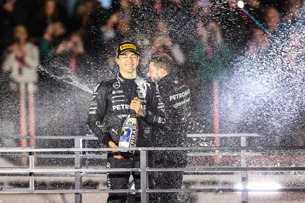 November 23, 2024: Mercedes-AMG Petronas F1 Team driver George Russell (63) has champagne sprayed on him after finishing in first place during the Formula One Heineken Silver Las Vegas Grand Prix 2024 on the Las Vegas Street Circuit in Las Vegas, NV. CSM. Las Vegas United States of America - ZUMAc04_ 20241123_zma_c04_895 Copyright: xChristopherxTrimx