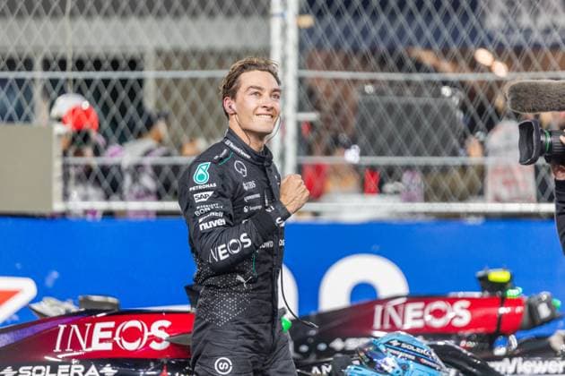23rd November 2024; Las Vegas, Nevada, USA. F1 Las Vegas Grand Prix; Race Day; George Russell (63) of United Kingdom and team Mercedes-AMG Petronas F1 Team celebrates his victory  ActionPlus12719557 BobxKupbens