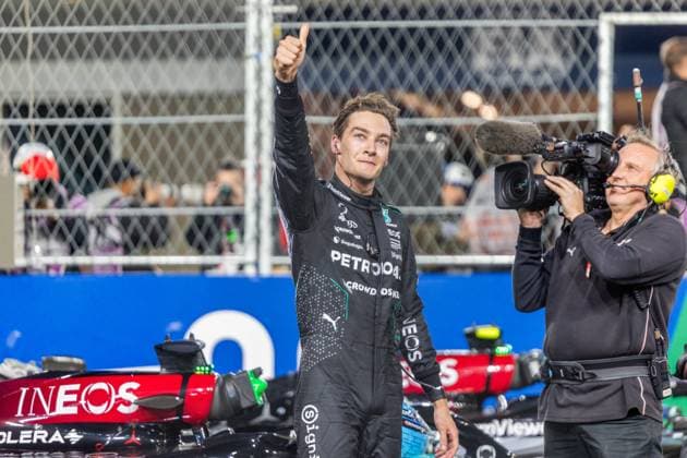 23rd November 2024; Las Vegas, Nevada, USA. F1 Las Vegas Grand Prix; Race Day; George Russell (63) of United Kingdom and team Mercedes-AMG Petronas F1 Team celebrates his victory  ActionPlus12719558 BobxKupbens