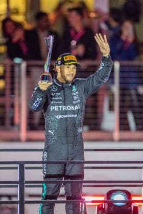 23rd November 2024; Las Vegas, Nevada, USA. F1 Las Vegas Grand Prix; Race Day; Lewis Hamilton (44) of United Kingdom and team Mercedes-AMG Petronas F1 Team celebrates P2 on the podium  ActionPlus12719560 BobxKupbens