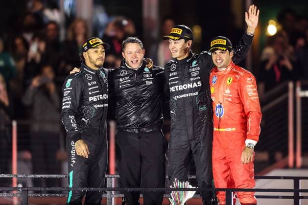 Formula 1 2024: Formula 1 Las Vegas Grand Prix NOV 23. November 23, 2024: The winning drivers stand on the podium at the conclusion of the Formula One Heineken Silver Las Vegas Grand Prix 2024 on the Las Vegas Street Circuit in Las Vegas, NV. Christopher Trim CSM. (Credit Image: Â Christopher Trim Cal Media) Las Vegas Nevada United States of America EDITORIAL USE ONLY Copyright: xx ZUMA-20241123_zma_c04_881.jpg ChristopherxTrimx csmphotothree324842