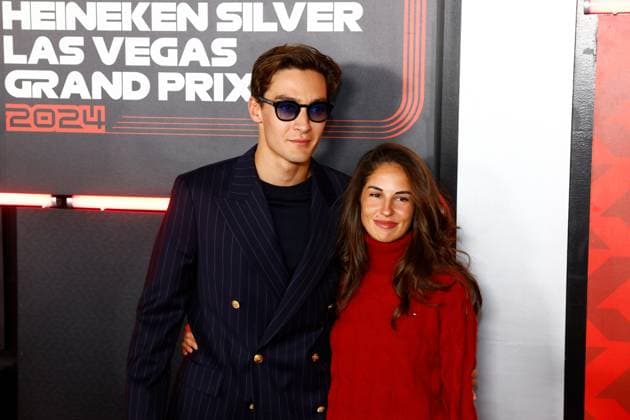 LAS VEGAS, NV - NOVEMBER 23: George Russell (63) of Great Britain, Mercedes-AMG PETRONAS F1, Team Mercedes and his girlfriend Carmen Montero Mundt pose for photos on the red carpet prior to the Formula 1 Heineken Silver Las Vegas Grand Prix on the Las Vegas Strip Circuit on November 23, 2024 in Las Vegas, Nevada. (Photo by Jeff Speer Icon Sportswire) AUTO: NOV 23 F1 Heineken Silver Las Vegas Grand Prix EDITORIAL USE ONLY Icon2411231791