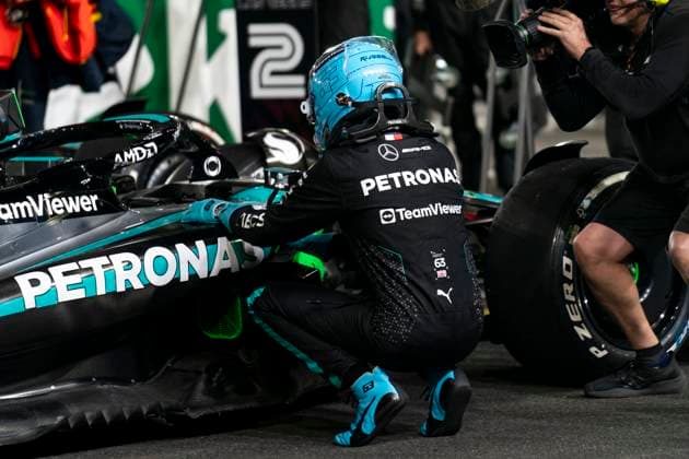British Formula One driver George Russell of Mercedes-AMG Petronas sits at his car after winning the Formula One Las Vegas Grand Prix at the Las Vegas Strip Circuit in Las Vegas on Saturday, November 23, 2024.  LAV2024112365 GREGxNASH