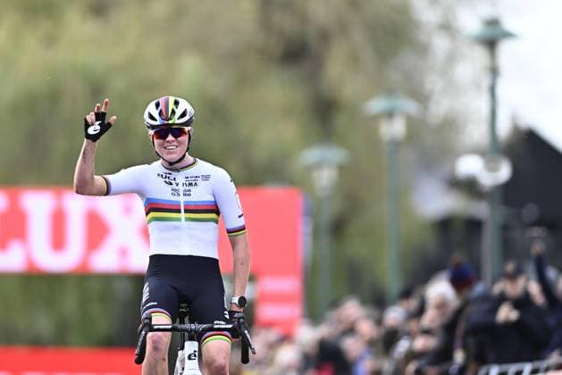 Dutch Fem Van Empel celebrates as she crosses the finish line at the women s elite race of the World Cup cyclocross cycling event in Antwerp on Sunday 24 December 2023, the first stage (out of 12) of the UCI World Cup competition. JASPERxJACOBS  x106275326x