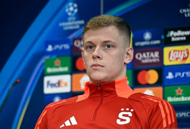 AC Sparta Praha defender Filip Panak attends a press conference, PK, Pressekonferenz before the UEFA Champions League, round 5, match AC Sparta Praha vs Atletico Madrid, in Prague, Czech Republic, on November 25, 2024. (CTKxPhoto KaterinaxSulova) CTKPhotoP2024112504134  CTKPhotoP2024112504134