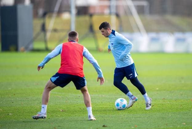 Football, Men, Season 2024 25, 2 Bundesliga, Hertha BSC, Training, v l Gustav Christensen Hertha BSC , Diego Demme Hertha BSC , 25 11 2024, Copyright: xSebastianxRäppold MatthiasxKochx