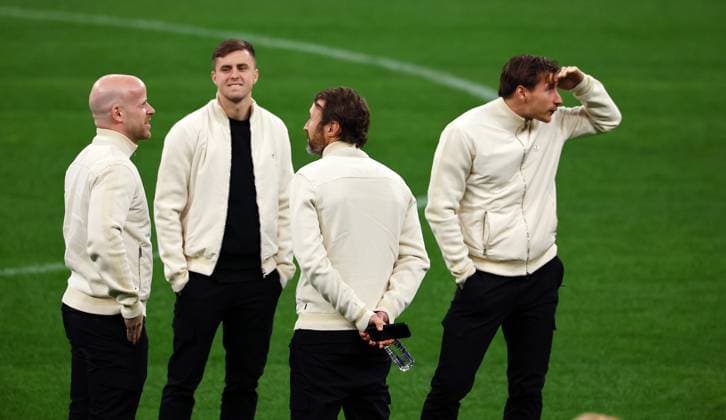 RB Leipzig pitch inspection Champions League Milan, 25 11 2024, Giuseppe Meazza Stadium, Football, Champions League, Matchday 1, RB Leipzig vs Inter Milan on 26 11 2024 , RB Leipzig pitch inspection , In the picture Christoph Baumgartner 14, RB Leipzig , Co coach Marco Kurth RB Leipzig , Willi Orban 4, RB Leipzig , Picture Point