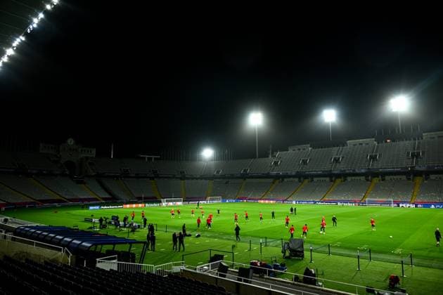 STADE BRESTOIS - VEILLE DE LIGUE DES CHAMPIONS PHOTOPQR OUEST FRANCE Guillaume Saligot ; Barcelone ; 25 11 2024 ; Football - Ligue des Champions ( LDC ) - Entrainement et conference de presse Brest Roy avant le match -FCBarcelona VS. Stade Brestois 29 ( SB29 Brest ) au Lluís Companys Olympic Stadium Stade Olympique de Montjuic a Barcelone ( Espagne ) , le 25 Novembre 2024 . Ici l entrainement dans le stade . Photo : Guillaume Saligot Ouest-France Barcelone France  Copyright: xPHOTOPQR OUESTxFRANCE MAXPPPxGuillaumexSaligotx 20241125OFR0204 20241125OFR0204