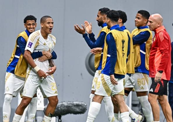 AFC CHAMPIONS LEAGUE ELITE, AL GHARAFA SC (QTR) v AL NASSR FC (KSA) Angelo Gabriel Damaceno (2-L) of Al Nassr FC celebrates after scoring a goal during the AFC Champions League elite west football match between Qatar s Al Gharafa SC and Saudi Arabia s Al Nassr FC at Al-Bayt Stadium in Al Khor, Qatar, on November 25, 2024 DOHA Qatar Copyright: xNAUSHADx