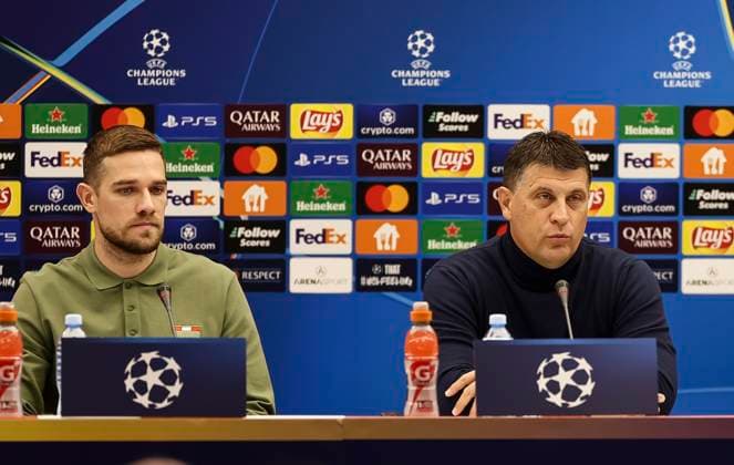 Crvena Zvezda v FC Barcelona, Barca - UEFA Champions League Timi Elsnik (L) and Head coach Vladan Milojevic of FK Crvena Zvezda during the press conference, PK, Pressekonferenz ahead the UEFA Champions League match Season 2024 2025 match between Crvena Zvezda and FC Stuttgart at stadium Rajko Mitic on November 26, 2024 in Belgrade, Serbia. Beograd Serbia Copyright: xSrdjanxStevanovicx x