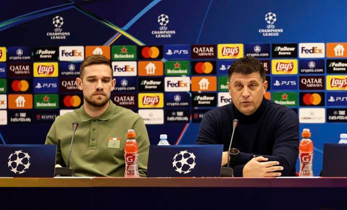 Crvena Zvezda v FC Barcelona, Barca - UEFA Champions League Timi Elsnik (L) and Head coach Vladan Milojevic of FK Crvena Zvezda during the press conference, PK, Pressekonferenz ahead the UEFA Champions League match Season 2024 2025 match between Crvena Zvezda and FC Stuttgart at stadium Rajko Mitic on November 26, 2024 in Belgrade, Serbia. Beograd Serbia Copyright: xSrdjanxStevanovicx x