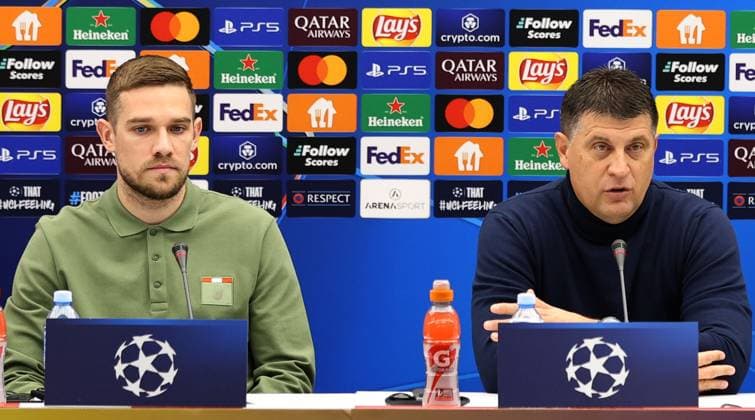 RECORD DATE NOT STATED 26.11.2024 Belgrade(Serbia) Timi Max Elsnik(L),Vladan Milojevic(R) FK Crvena Zvezda(FC Red Star) coach men s football at press conference, PK, Pressekonferenz day before champions league match against VfB Stuttgart :S.Sandic