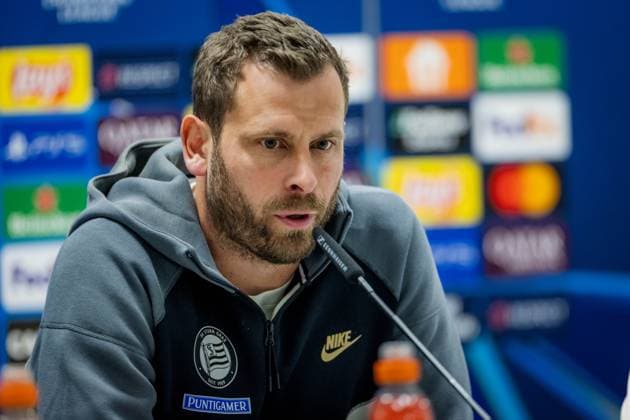 SOCCER - UEFA CL, Sturm vs Girona KLAGENFURT,AUSTRIA,26.NOV.24 - SOCCER - UEFA Champions League, SK Sturm Graz vs Girona FC, preview, press conference, PK, Pressekonferenz Sturm. Image shows head coach Juergen Saeumel (Sturm).  GEPAxpictures xMatthiasxTrinkl