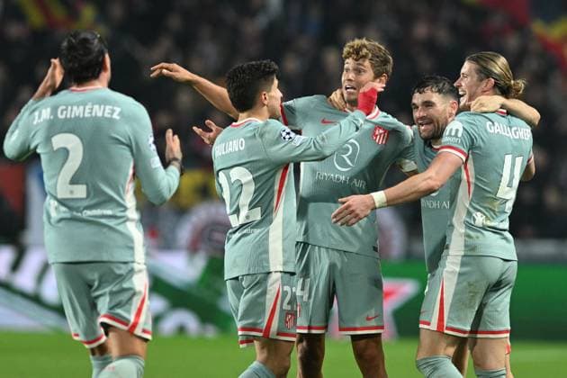 Marcos Llorente of Atletico, center, celebrates a goal during the football Champions League 5th round match Sparta Praha vs Atletico Madrid in Prague, Czech Republic, November 26, 2024. (CTKxPhoto MichaelaxRihova) CTKPhotoP2024112607067  CTKPhotoP2024112607067