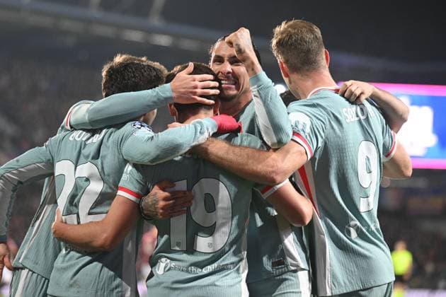 Atletico players celebrate a goal during the football Champions League 5th round match Sparta Praha vs Atletico Madrid in Prague, Czech Republic, November 26, 2024. (CTKxPhoto MichaelaxRihova) CTKPhotoP2024112607068  CTKPhotoP2024112607068