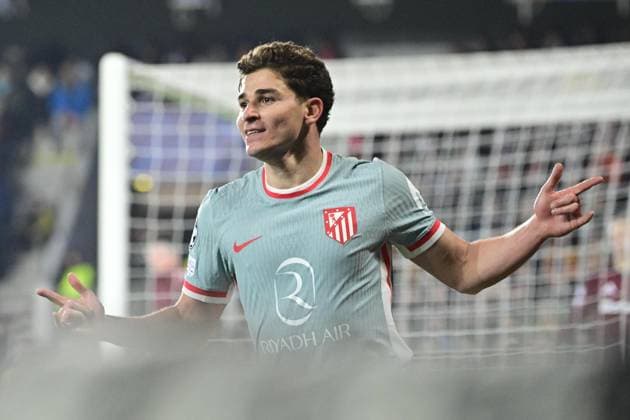 Julian Alvarez of Atletico celebrates a goal during the football Champions League 5th round match Sparta Praha vs Atletico Madrid in Prague, Czech Republic, November 26, 2024. (CTKxPhoto RomanxVondrous) CTKPhotoP2024112607439  CTKPhotoP2024112607439