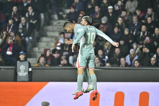 Jose Maria Gimenez, left, and Angel Correa of Atletico celebrate a goal during the football Champions League 5th round match Sparta Praha vs Atletico Madrid in Prague, Czech Republic, November 26, 2024. (CTKxPhoto RomanxVondrous) CTKPhotoP2024112607606  CTKPhotoP2024112607606
