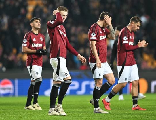 (L-R) Filip Panak, David Pavelka and Matej Rynes of Sparta after the football Champions League 5th round match Sparta Praha vs Atletico Madrid in Prague, Czech Republic, November 26, 2024. (CTKxPhoto MichaelaxRihova) CTKPhotoP2024112607872  CTKPhotoP2024112607872