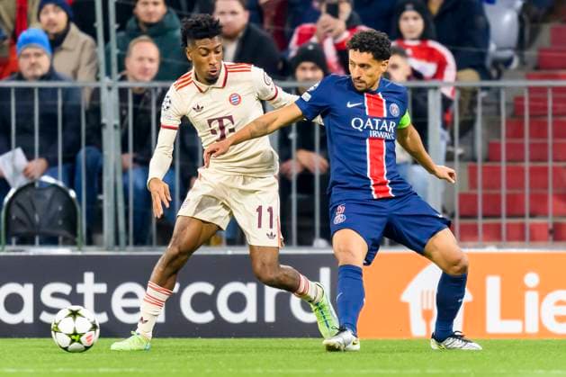 GER, UEFA CL, FC Bayern Muenchen GER vs Paris Saint Germain FRA 26 11 2024, Allianz Arena, Muenchen, GER, UEFA CL, FC Bayern Muenchen GER vs Paris Saint Germain FRA , UEFA regulations prohibit any use of photographs as image sequences and or quasi video, im Bild Kingsley Coman FCB 11 im Zweikampf gegen Marquinhos PSG 5 nordphotoxGmbHx xStraubmeier nph00004