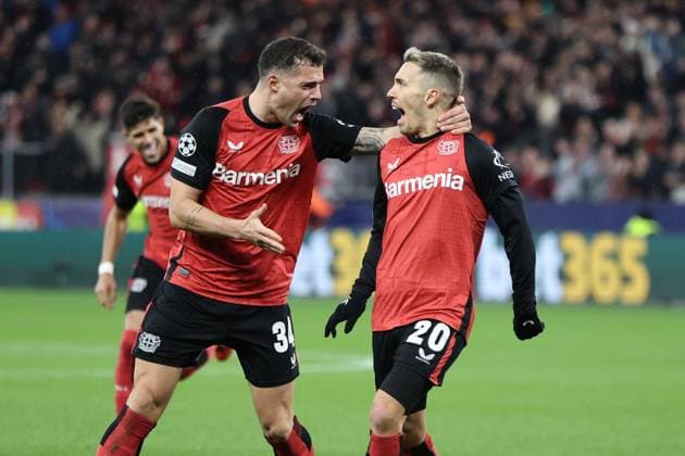 GER, UEFA CL Bayer 04 Leverkusen GER vs RB Salzburg AUT 26 11 2024, BayArena, Leverkusen, Europalegue, Group stage, Matchday 3, GER, UEFA CL Bayer 04 Leverkusen GER vs RB Salzburg AUT , pictured 2 0 Goal celebration jubilation, Alex Grimaldo Leverkusen 20 , Granit Xhaka Leverkusen 34 , nordphotoxGmbHx xMeuter nph00351