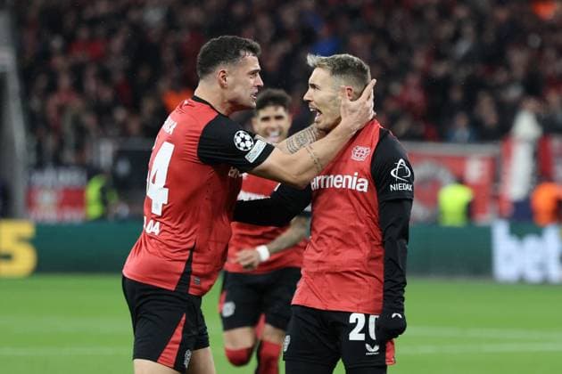 GER, UEFA CL Bayer 04 Leverkusen GER vs RB Salzburg AUT 26 11 2024, BayArena, Leverkusen, Europalegue, Group stage, Matchday 3, GER, UEFA CL Bayer 04 Leverkusen GER vs RB Salzburg AUT , pictured 2 0 Goal celebration jubilation, Alex Grimaldo Leverkusen 20 , Granit Xhaka Leverkusen 34 , nordphotoxGmbHx xMeuter nph00351