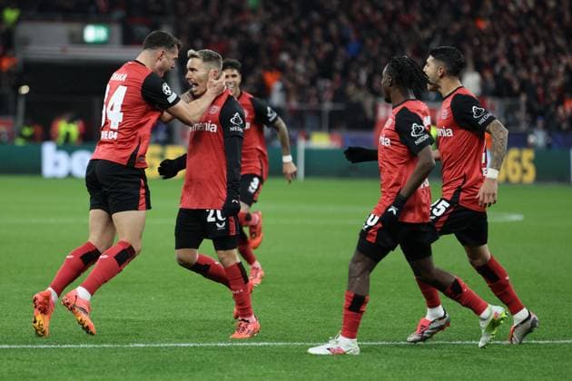 GER, UEFA CL Bayer 04 Leverkusen GER vs RB Salzburg AUT 26 11 2024, BayArena, Leverkusen, Europalegue, Group stage, Matchday 3, GER, UEFA CL Bayer 04 Leverkusen GER vs RB Salzburg AUT , pictured 2 0 Goal celebration jubilation, Alex Grimaldo Leverkusen 20 , Granit Xhaka Leverkusen 34 , nordphotoxGmbHx xMeuter nph00351