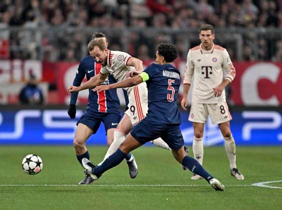 26 11 2024, Football UEFA Championsleague 2024 2025 Matchday 5, FC Bayern Munich Paris St Germain, at Allianz Arena Munich v l Harry Kane FC Bayern Munich v Marquinhos FC Paris Saint Germain DFL and DFB regulations prohibit any use of photographs as image sequences and or quasi video