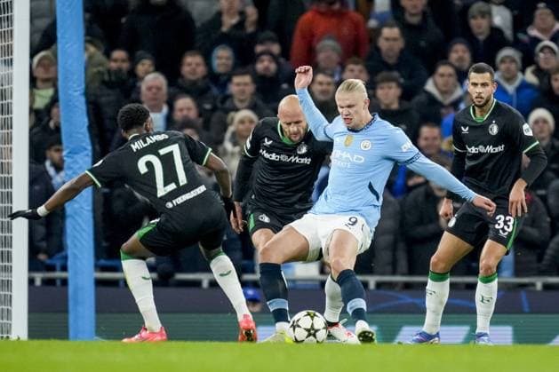 UEFA Champions League: Manchester City F.C. v Feyenoord Manchester - Antoni Milambo of Feyenoord, Gernot Trauner of Feyenoord, Erling Haaland of Manchester City FC, David Hancko of Feyenoord during the fifth round of new format of the UEFA Champions League 2024 2025. The match is set between Manchester City and Feyenoord at Etihad Stadium on 26 November 2024 in Manchester, England. Copyright: xYannickxVerhoevenx