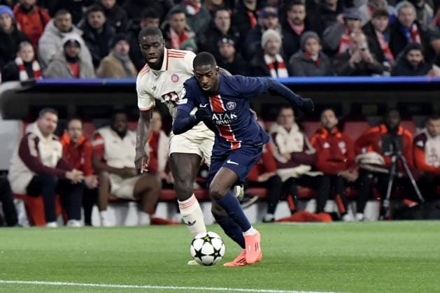 26 11 2024, xemx, Football UEFA Champions League, FC Bayern Muenchen Paris St Germain emspor, v l Dayot Upamecano FC Bayern Muenchen Ousame Dembele PSG Paris St Germain Zweikampf, Aktion, action, battle for the ball DFL DFB REGULATIONS PROHIBIT ANY USE OF PHOTOGRAPHS as IMAGE SEQUENCES and or QUASI VIDEO Muenchen