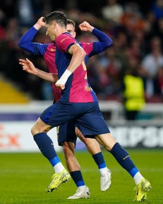 Robert Lewandowski of FC Barcelona, Barca celebrates the 1-0 FC Barcelona v Stade Brestois, UEFA Champions League match, date 5. Football, Lluis Companys Stadium, Barcelona, Spain - 26 Nov 2024 Editorial use only  Copyright: xBaguxBlanco Pressinphoto Shutterstockx 14945346k