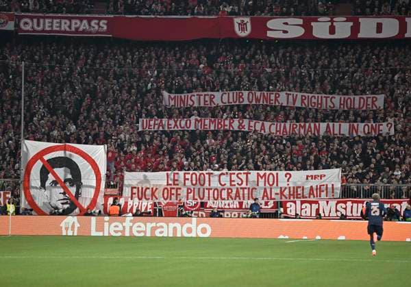 26 11 2024, Football UEFA Championsleague 2024 2025 Matchday 5, FC Bayern Munich Paris St Germain, at the Allianz Arena Munich Bayern fans hold up banners DFL and DFB regulations prohibit any use of photographs as image sequences and or quasi video