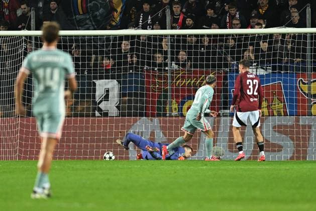 Goalkeeper of Sparta Peter Vindahl gets a goal during the football Champions League 5th round match Sparta Praha vs Atletico Madrid in Prague, Czech Republic, November 26, 2024. (CTKxPhoto MichaelaxRihova) CTKPhotoP2024112608036  CTKPhotoP2024112608036