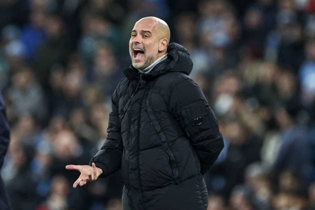 UEFA Champions League Manchester City v Feyenoord Pep Guardiola manager of Manchester City reacts in the technical area during the UEFA Champions League match Manchester City vs Feyenoord at Etihad Stadium, Manchester, United Kingdom, 26th November 2024 (Photo by Mark Cosgrove News Images) Manchester Etihad Stadium Manchester United, ManU Kingdom Copyright: xMarkxCosgrove NewsxImagesx