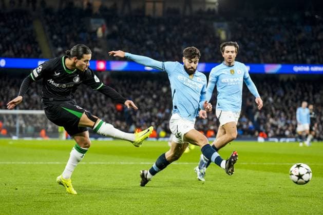 UEFA Champions League: Manchester City F.C. v Feyenoord Manchester - Anis Hadj Moussa of Feyenoord during the fifth round of new format of the UEFA Champions League 2024 2025. The match is set between Manchester City and Feyenoord at Etihad Stadium on 26 November 2024 in Manchester, England. Copyright: xYannickxVerhoevenx