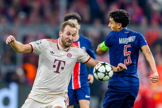 GER, UEFA CL, FC Bayern Muenchen GER vs Paris Saint Germain FRA 26 11 2024, Allianz Arena, Muenchen, GER, UEFA CL, FC Bayern Muenchen GER vs Paris Saint Germain FRA , UEFA regulations prohibit any use of photographs as image sequences and or quasi video, in the picture Harry Kane FCB 9 with Marquinhos PSG 5 nordphotoxGmbHx xStraubmeier nph00004