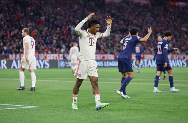 Kingsley Coman of Bayern Munich reacts Bayern Munich v Paris Saint-Germain, UEFA Champions League, Group Stage, Football, Allianz Arena, Munich, Germany - 26 Nov 2024 EDITORIAL USE ONLY No use with unauthorised audio, video, data, fixture lists, club league logos or live services. Online in-match use limited to 120 images, no video emulation. No use in betting, games or single club league player publications. Copyright: xMichaelxZemanek Shutterstockx 14940166m