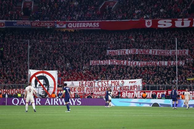 Soccer Champions League matchday 5 FC Bayern Munich Paris Saint Germain on 26 11 2024 at the Allianz Arena in Munich Banner banner in the FC Bayern Munich fan block xMSx
