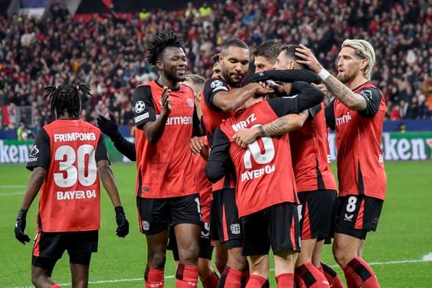 Florian Wirtz Leverkusen 10 celebrates with the team after scoring the 3-0 goal 26 11 2024 Soccer Champions League, Bayer Leverkusen vs RB Salzburg, BayArena, Leverkusen, NRW Germany Copyright: xpepphotox xHorstxMauelshagenx pep00321, pep_20241126_hm_0306