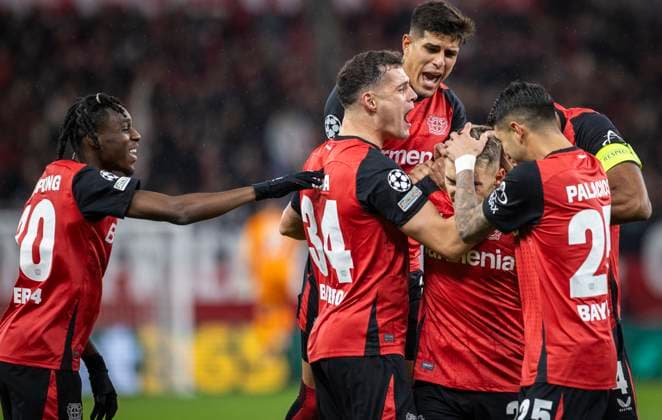 Leverkusen, Germany 26th Nov 2024 Goal celebration Jeremie Frimpong LEV Granit Xhaka LEV Piero Hincapie LEV Alejandro Grimaldo LEV Exequiel Palacios LEV Bayer Leverkusen FC Salzburg 26 11 2024