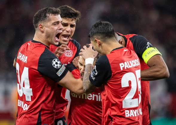 Leverkusen, Germany 26th Nov 2024 Goal celebration Granit Xhaka LEV Piero Hincapie LEV Alejandro Grimaldo LEV Exequiel Palacios LEV Bayer Leverkusen FC Salzburg 26 11 2024