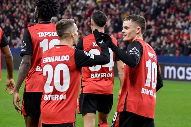 Florian Wirtz Leverkusen 10 celebrates after scoring the 3-0 goal with Alex Grimaldo Leverkusen 20 26 11 2024 Soccer Champions League, Bayer Leverkusen vs RB Salzburg, BayArena, Leverkusen, NRW Germany Copyright: xpepphotox xHorstxMauelshagenx pep00321, pep_20241126_hm_0317