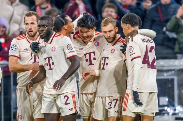 GER, UEFA CL, FC Bayern Muenchen GER vs Paris Saint Germain FRA 26 11 2024, Allianz Arena, Muenchen, GER, UEFA CL, FC Bayern Muenchen GER vs Paris Saint Germain FRA , UEFA regulations prohibit any use of photographs as image sequences and or quasi video, in the picture cheering after the goal to 1 0 by Min jae Kim FCB 3 with Harry Kane FCB 9 Dayot Upamecano FCB 2 Konrad Laimer FCB 27 Jamal Musiala FCB 42 Leroy SanŽ Sane FCB 10 nordphotoxGmbHx xStraubmeier nph00004