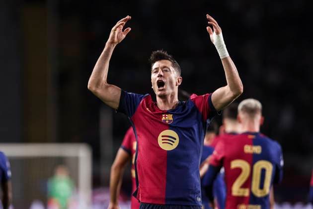 November 26, 2024, Barcelona, Barcelona, SPAIN: Robert Lewandowski of FC Barcelona, Barca celebrates a goal during the UEFA Champions League 2024 25 League Phase MD5, match between FC Barcelona and Stade Brestois 29 at Estadi Olimpic Lluis Companys on November 26, 2024 in Barcelona, Spain. Barcelona SPAIN - ZUMAa181 20241126_zaa_a181_017 Copyright: xJavierxBorregox