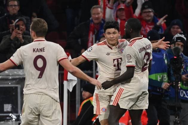 26 11 2024, xjrdrx, Football UEFA Champions League, FC Bayern Muenchen Paris St Germain emspor, v l Torjubel nach dem Tor zum celebrating the goal celebrate 1 0 durch Min jae Kim FC Bayern Muenchen DFL DFB REGULATIONS PROHIBIT ANY USE OF PHOTOGRAPHS as IMAGE SEQUENCES and or QUASI VIDEO Muenchen
