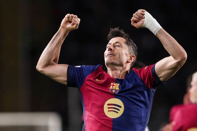 November 26, 2024, Barcelona, Barcelona, SPAIN: Robert Lewandowski of FC Barcelona, Barca celebrates a goal during the UEFA Champions League 2024 25 League Phase MD5, match between FC Barcelona and Stade Brestois 29 at Estadi Olimpic Lluis Companys on November 26, 2024 in Barcelona, Spain. Barcelona SPAIN - ZUMAa181 20241126_zaa_a181_018 Copyright: xJavierxBorregox
